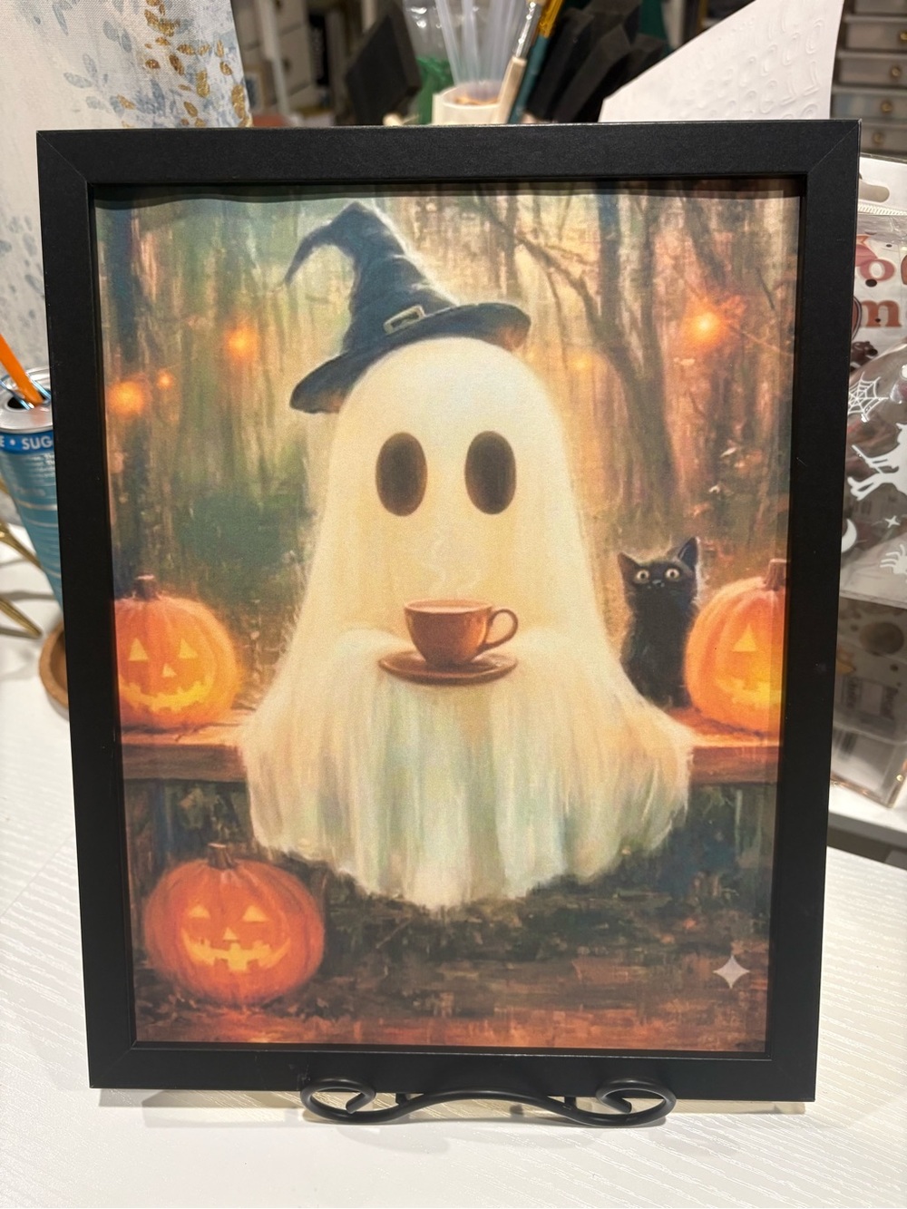 Halloween Ghost Framed 8x10 Wall Art Print - White Ghost with Witch Hat
